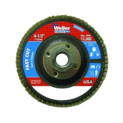 Weiler 31353 Vortec Pro Abrasive Flap Disc, 4-1/2 in dia, 120 Grit, 5/8 in-11, 13000 rpm, Type 29