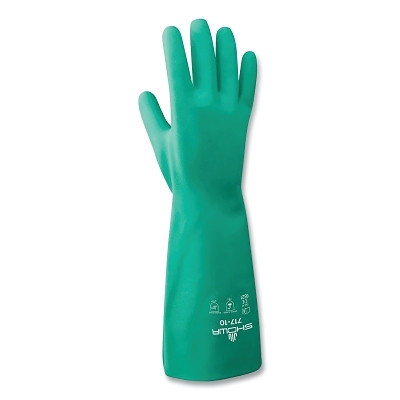 SHOWA 71710 Chemical-Protection Nitrile Gloves, 13 in Gauntlet Cuff, Unlined/Unsupported, Size 10/X-Large, Green, 11 mil Thick