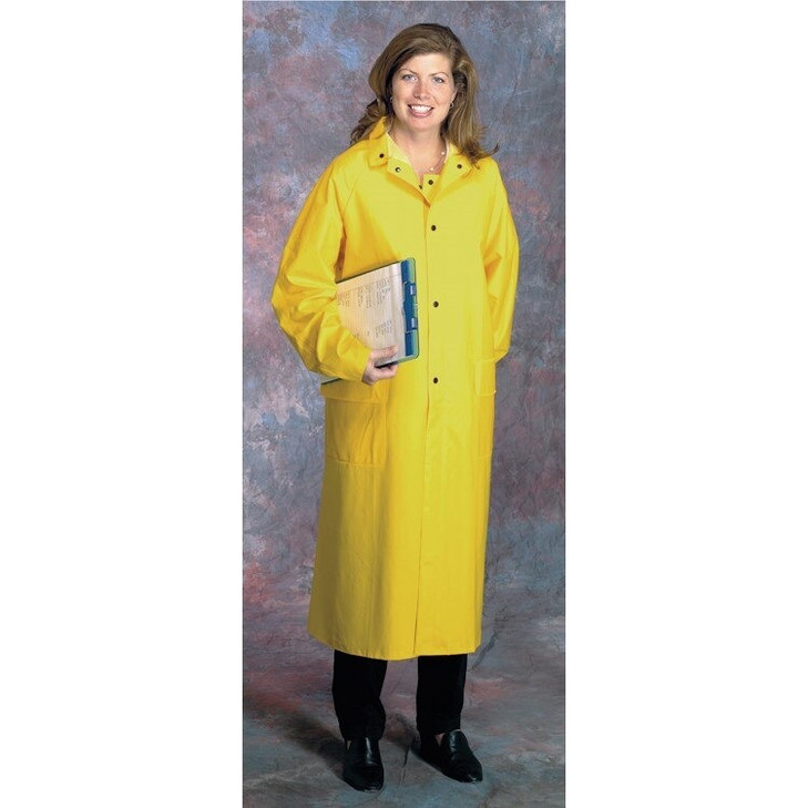 West Chester PVC Raincoat, 35ml PVC over Polyester, Length: 48" OAL, Color: Yellow, Snap front closures with storm flap, Two outside pockets with flaps, Vented cape back with storm flap, Detachable hood and Corduroy collar, Size: X-Large