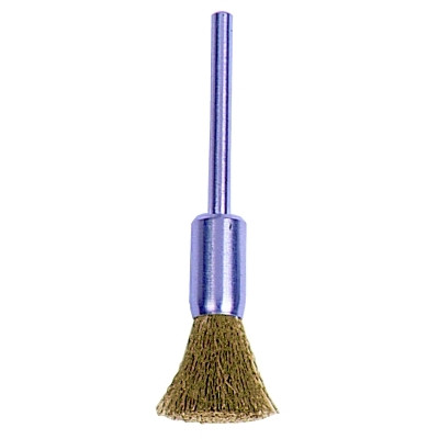 Weiler 26106 Miniature Wire End Brush, Brass, 1/4 in Brush dia, 0.005 in Bristle dia, 1-1/4 in Stem L, 37000 rpm