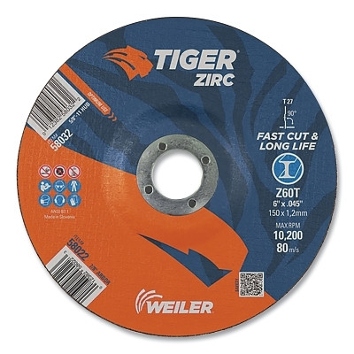 Weiler 58022 Tiger Zirc Cutting Wheel, 6 in dia, 0.045 in Thick, 7/8 in Arbor, Zirconia Alumina, Type 27, Z60T