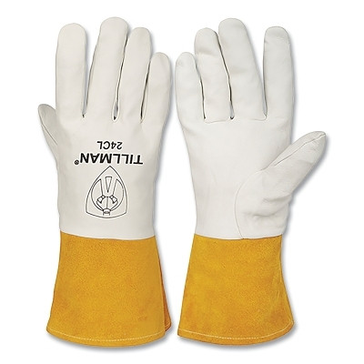 Tillman 24CS TIG Welding Gloves, 24C, Top Gr Kidskin Palm/BOH/Split Cowhide Cuff, Sm, Pearl/Bourbon Brn, 4 in L Straight Cuff