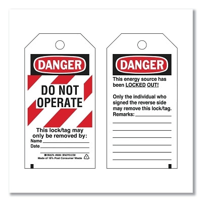 Brady 65452 Lockout Tag, 3 in W x 5.75 in H, Danger Do Not Operate, Red/White Stripes and Black, Paper