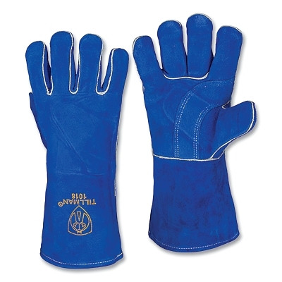 Tillman 1018M Stick Welding Gloves, 1018, Slightly Select Split Cowhide Palm/BOH/Cuff, Med, Blue, 14 in L Cuff