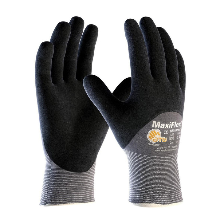 PIP G-TEK MAXIFLEX ULTIMATE, BLACK MICRO-FOAM NITRILE COATED PALM, FULL FINGER & KNUCKLES, GRAY SEAMLESS KNIT NYLON LINER., Size XS, Case Qty.: 12 Dozen