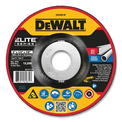 DeWalt DWA8914F Type 27 Grinding Wheel, 5 in dia, 7/8 in Arbor, 24 Grit, 12200 RPM, 1/4 in Thick
