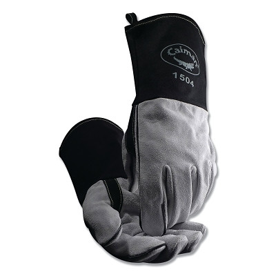 Caiman 15041 1504 Cow Split Flame Resistant Cotton Cuff MIG/Stick Welding Gloves, Large, Black/White, 4 in Gauntlet Cuff