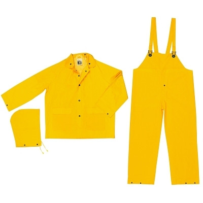 MCR Safety 2003X2 Classic 3-Piece Rain Suit, Jacket/Hood/Bib Pants, 0.35 mm PVC/Polyester, Yellow, 2X-Large