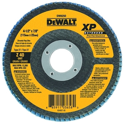 DeWalt DW8250 XP Extended Performance Flap Disc, 4-1/2 in dia, 40 Grit, 7/8 in Arbor, 13300 RPM, T27