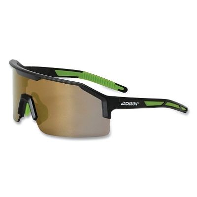 Jackson Safety 60009 Maxview+ Safety Glasses, Gold Mirror, Polycarbonate, Hard Coated, Anti-Scratch, Black Half Frame, Black/Green Temple