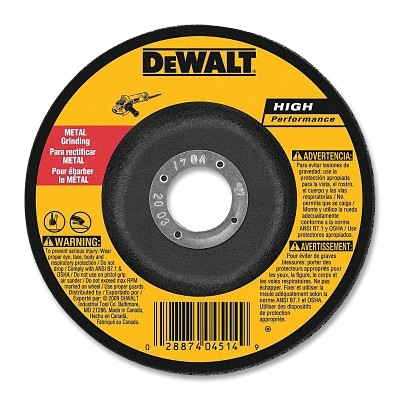 DeWalt DW4514B5 Type 27 Grinding Wheel, 4-1/2 in dia, 7/8 in Arbor, 13300 RPM, 24 Grit, 4 EA/PK