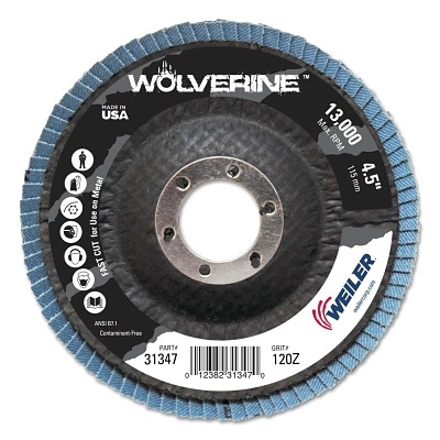 Weiler 31347 Wolverine Abrasive Flap Disc, 4-1/2 in dia x 7/8 in Arbor, 120 Grit, 13000 RPM