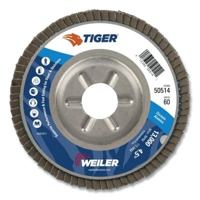 Weiler 50514 Tiger Disc Angled Style Flap Disc, 4-1/2 in dia, 60 Grit, 7/8 Arbor, 13000 rpm, Type 29