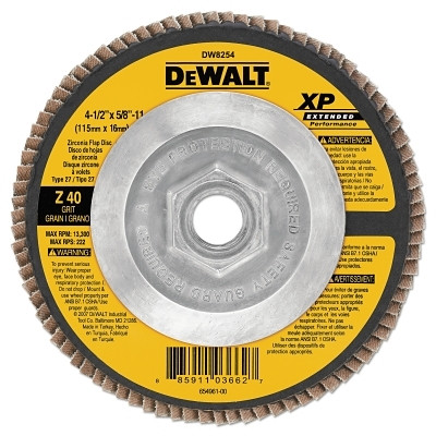 DeWalt DW8254 XP Extended Performance Flap Disc, 4-1/2 in dia, 40 Grit, 5/8 in-11 Arbor, 13300 RPM, T27
