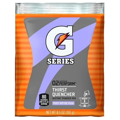 Gatorade 33665 G Series 02 Perform Thirst Quencher Instant Powder, 8.5 oz, Pouch, 1 gal Yield, Frost Riptide Rush