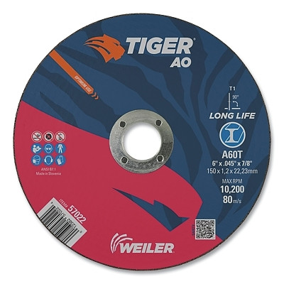 Weiler 57022 Tiger AO Cutting Wheel, 6 in dia x 0.045 in Thick, 7/8 in Arbor, A60T, Type 1