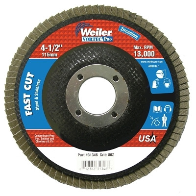Weiler 31346 Wolverine Abrasive Flap Disc, 4-1/2 in dia x 7/8 in Arbor, 80 Grit, 13000 RPM, Type 29