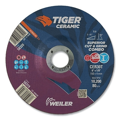 Weiler 58319 Tiger Ceramic Combo Wheels, 6 in Dia., 1/8 in Thick, 7/8 in Arbor, 30 Grit