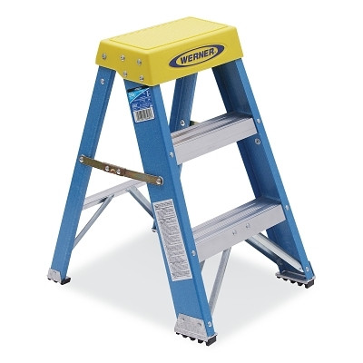 Werner 6002 Fiberglass Stepladder, 6002, Type I, 2 ft L, 17.28 in W, Single-Sided, 250 lb Load Capacity, Blue/Yellow
