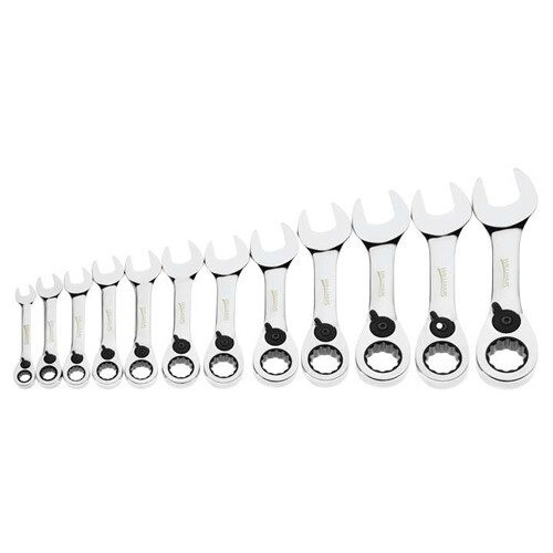 Williams Stubby Ratcheting Combo Wrench Set 12-Pcs, Metric, 12 Point, High Polish Chrome Finish, Sizes: 8mm, 9mm, 10mm, 11mm, 12mm, 13mm, 14mm. 15mm, 16mm, 17mm, 18mm, 19mm