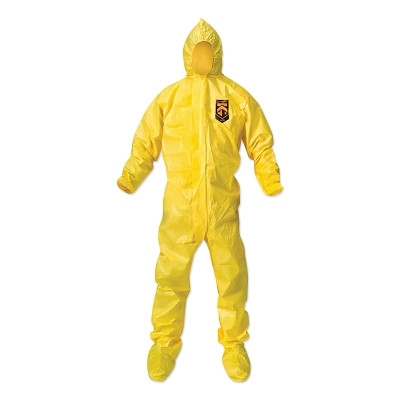KleenGuard 00685 A70 Chemical Splash Protection Coveralls, Yellow, 2XL, Hood/Boots