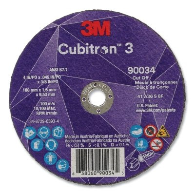 3M 7100304004 Cubitron 3 Cut-Off Wheel, 4 in dia x 0.045 in Thick x 3/8 in Arbor, 36+ Grit, T1