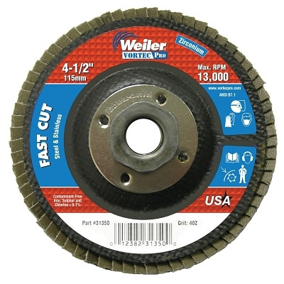 Weiler 31350 Vortec Pro Abrasive Flap Disc, 4-1/2 in dia, 40 Grit, 5/8 in-11, 13000 rpm, Type 29