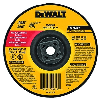 DeWalt DW8426H High Performance Cutting Wheel, Type 27, 6 in dia x 0.045 in Thick x 5/8 in-11 Arbor, 60 Grit, Aluminum Oxide