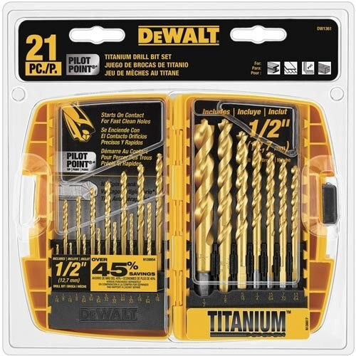 DeWalt Titanium Pilot Point Drill Bit Set, Size: 21-Piece, Includes: Sizes from 1/6" to 1/2" in a plastic tough case, Style: No spin shanks