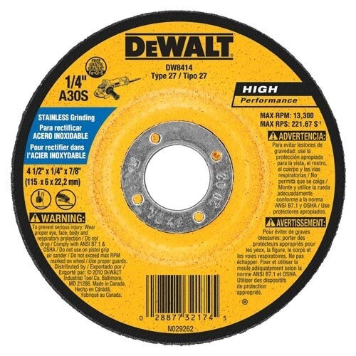 DeWalt Bonded Abrasive, 4-1/2" x 1/4" x 7/8" Stainless Steel Grinding Wheel