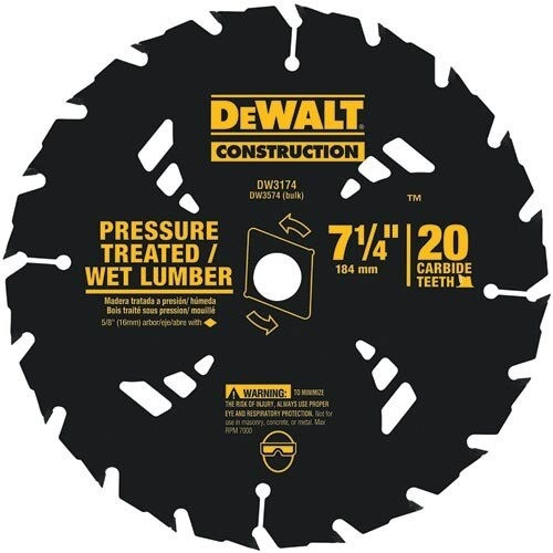DeWalt Circular Saw Blades, Construction 7-1/4" 20T Pressure Treated/Wet Lumber