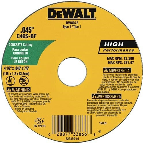 DeWalt Bonded Abrasive, 4-1/2" x .045" x 7/8" Masonry Thin Cut-Off Wheel - Type 1