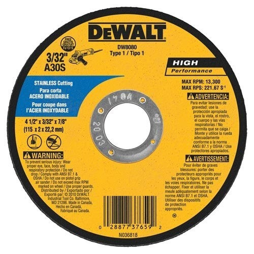 DeWalt Bonded Abrasive, 4-1/2" x 1/8" x 7/8" Stainless Steel Cutting Wheel - Type 1
