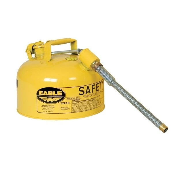 TYPE II SAFETY CANS-GAVANIZED STEEL, Yellow - w/5/8" O.D. Flex Spout, CAPACITY: 2 Gal, NOTE: TYPE II SAFETY CANS ARE ALSO AVAILABLE IN BLUE & RED AT SAME PRICE AS Yellow CANS