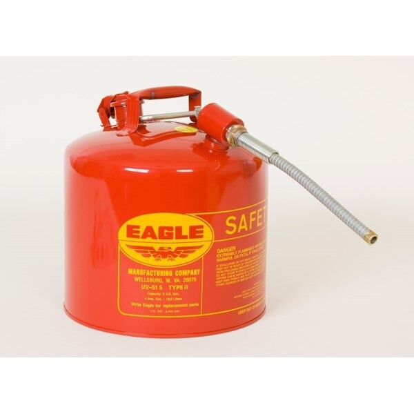 TYPE II SAFETY CANS-GAVANIZED STEEL, Red - w/5/8" O.D. Flex Spout, CAPACITY: 5 Gal, NOTE: TYPE II SAFETY CANS ARE ALSO AVAILABLE IN BLUE & YELLOW AT SAME PRICE AS RED CANS