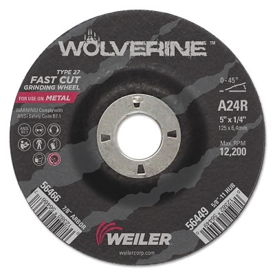 Weiler 56466 Wolverine Grinding Wheel, 5 in dia x 7/8 in Arbor x 1/4 in Thick, AO, 24R