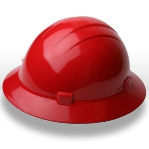 Safety Helmets, Americana Mega Ratchet Full Brim Safety Helmets HAT STYLE:  4-POINT NYLON SUSPENSION WITH RATCHET ADJUSTMENT, Red