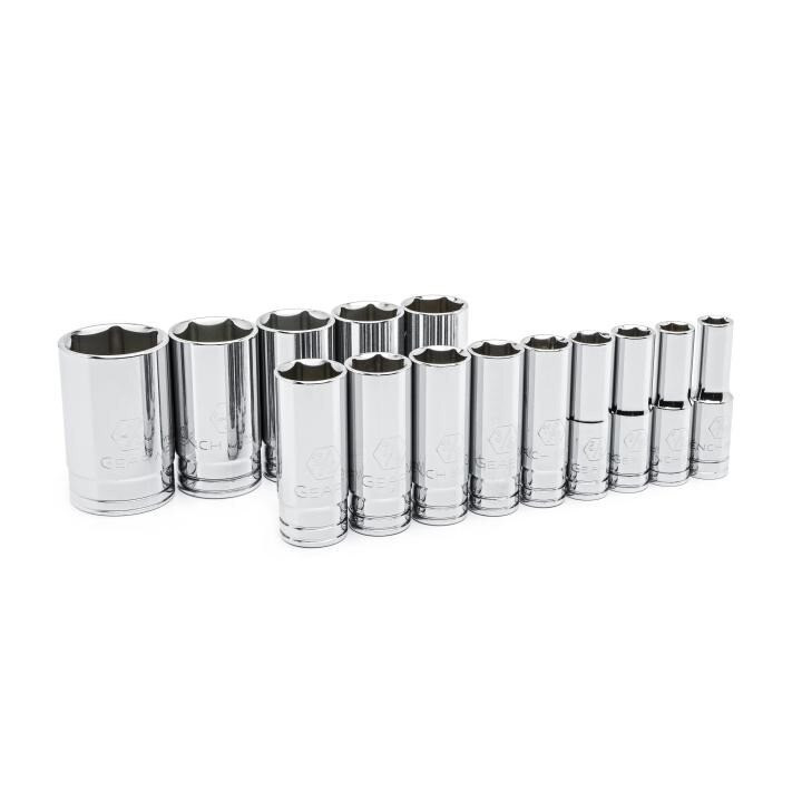 Socket Set, 1/2 Inch Drive, 6 Point, 1-1/2 Inch, Deep, 14 Pc