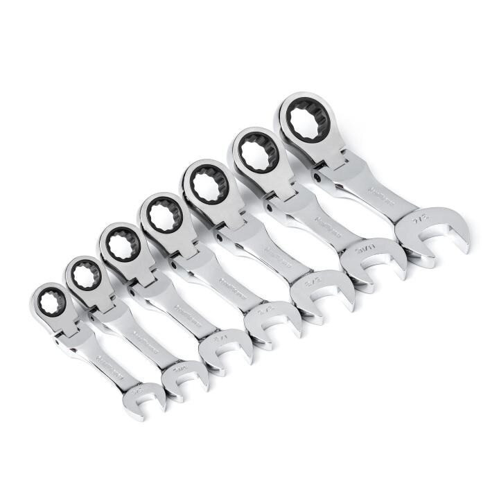 Stubby Ratcheting Combination Wrench Set, Flex, SAE, 7 Pc