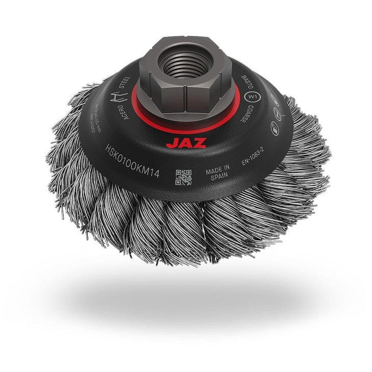 Twist Knot Wire Saucer Brush, 4" Knot Wire Saucer Brush, .020" Steel, 5/8"-11 & M14 x 2.0 A.H., Clamshell Package