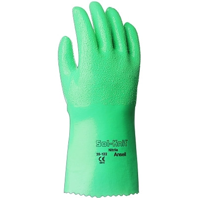 AlphaTec 103711 39-122 12 in Reinforced Nitrile Gloves, Gauntlet Cuff, Interlock Knit Cotton Lined, Size 10, Green