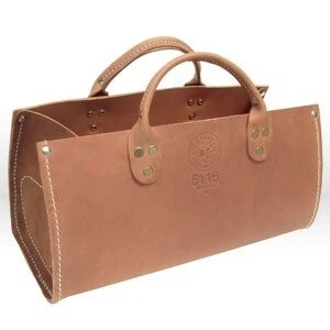 Tool Bag, Tool Bag, Leather Tote, 15 INCH WIDTH; 6-1/2 INCH THICKNESS; 7 INCH HEIGHT; LEATHER MATERIAL; KLEIN TOOLS[R] BRAND; ITEMS/FEATURES DOUBLE PLY BOTTOM PROTECTED WITH STEEL STUDS, STITCHED AND RIVETED CONSTRUCTION, Packaging Qty- sold 1 each
