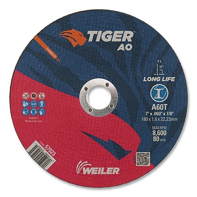 Weiler 57023 Tiger AO Cutting Wheel, 7 in dia x 0.060 in Thick, 7/8 in Arbor, A60T, Type 1
