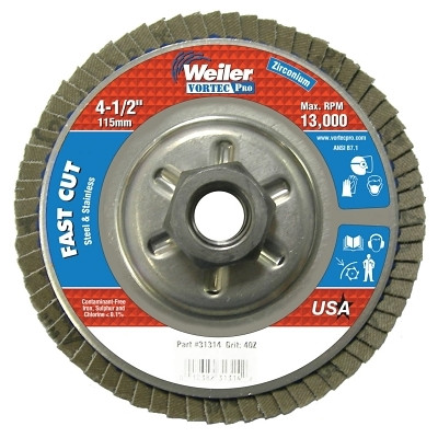 Weiler 31314 Vortec Pro Abrasive Flap Discs,4.5", 40 Grit, 5/8 Arbor, 13,000 rpm, Alum Back