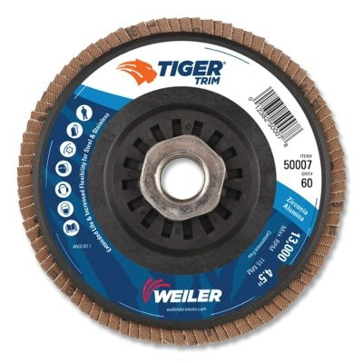 Weiler 50007 Trimmable Tiger Flap Disc, 4-1/2 in dia, 60 Grit, 5/8 in-11, 13000 rpm, Type 29