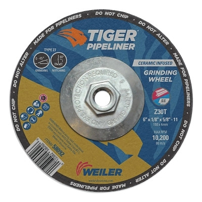 Weiler 58092 Tiger Pipeliner Grinding Wheel, 6 in dia X 1/8 in Thick x 5/8 in-11 Hub, Z30T, Type 27