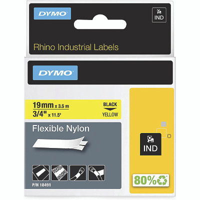 DYMO 18491 Industrial Rhino Flexible Nylon Label Cartridge, 3/4 in W x 11.5 ft L, Black Print on Yellow Background