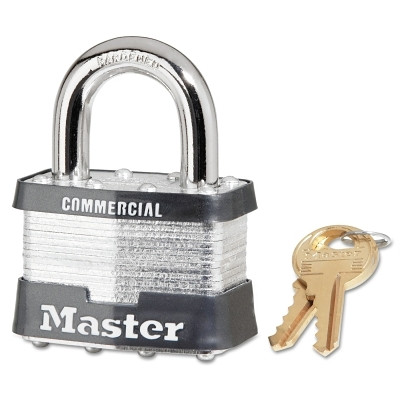 Master Lock 5KAA389 No. 5 Laminated Steel Padlock, 3/8 in dia x 15/16 in W x 1 in H Shackle, Silver/Gray, Keyed Alike, Keyed A389