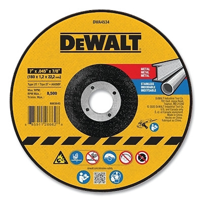 DeWalt DWA4534 Cutting Wheel, Type 27, 7 in dia x 0.045 in Thick x 7/8 in Arbor, Aluminum Oxide