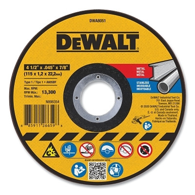DeWalt DWA8051 Cutting Wheel, Type 1, 4-1/2 in dia x 0.045 in Thick x 7/8 in Arbor, Aluminum Oxide